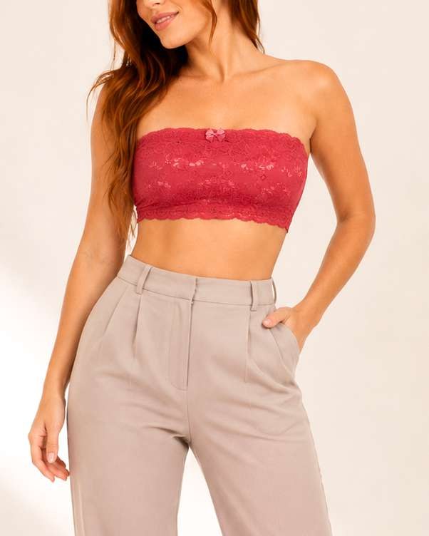 Sutiã bandeau vermelho de renda, sem alças